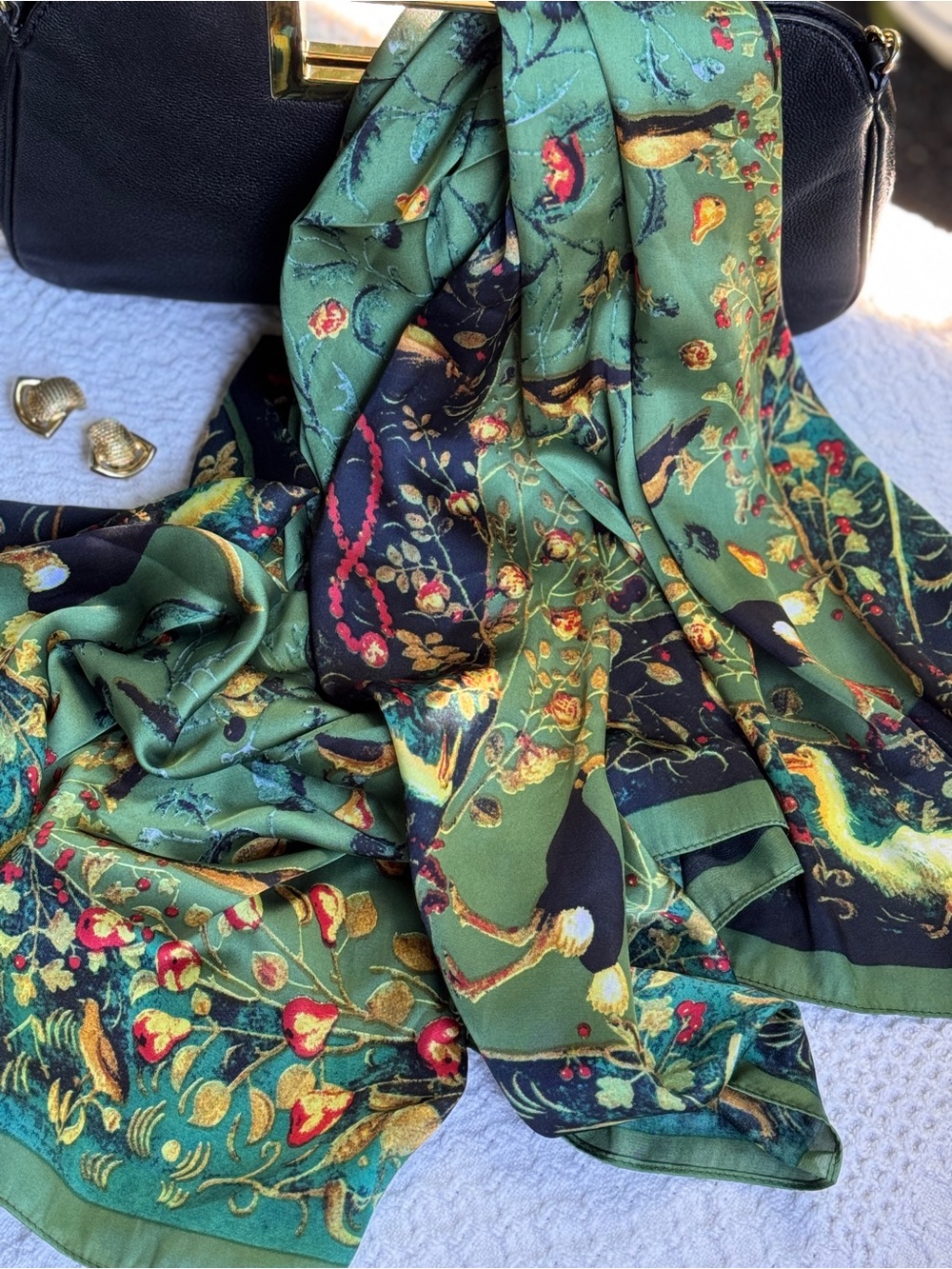 Botanical Silk Scarf with Gold Accents
